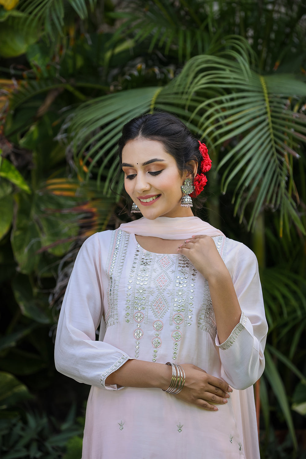 Kaajh Women's Baby Pink Modal Silk Suit Set | Grocsy