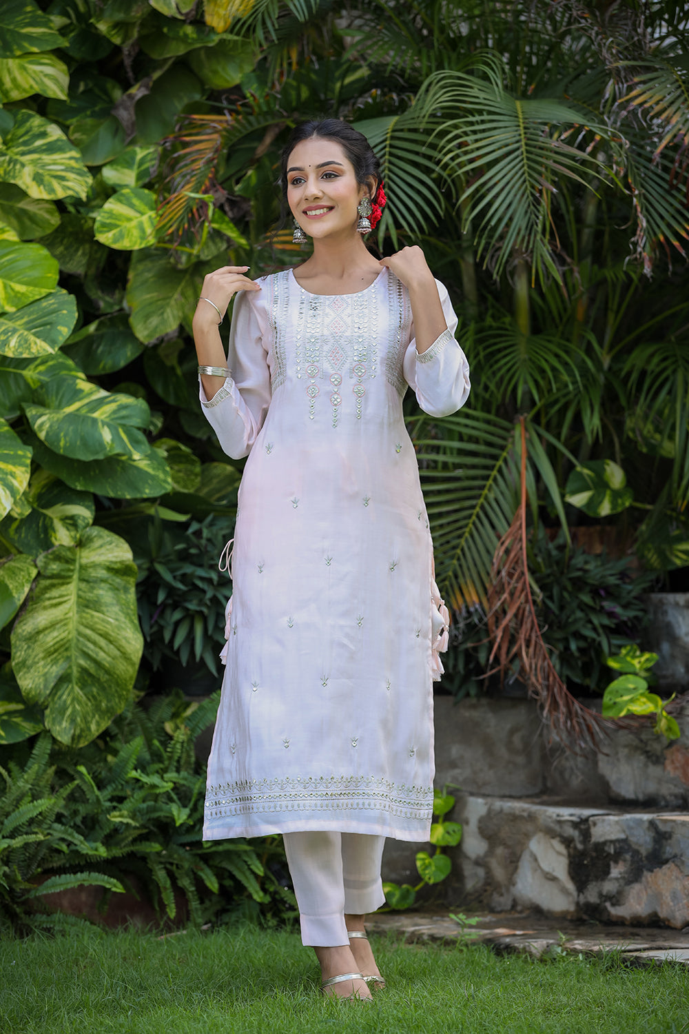 Kaajh Women's Baby Pink Modal Silk Suit Set | Grocsy