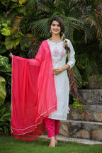 Kaajh Women's White-Pink Modal Silk Suit Set | Grocsy