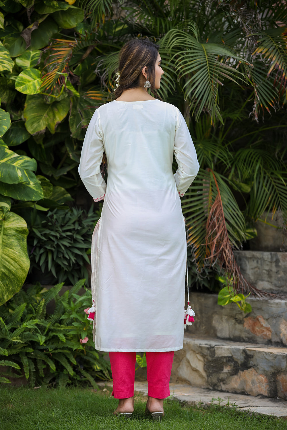 Kaajh Women's White-Pink Modal Silk Suit Set | Grocsy
