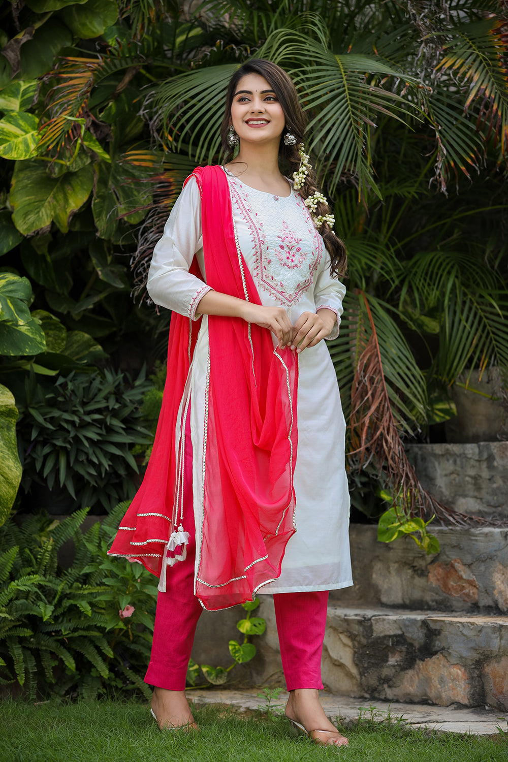 Kaajh Women's White-Pink Modal Silk Suit Set | Grocsy