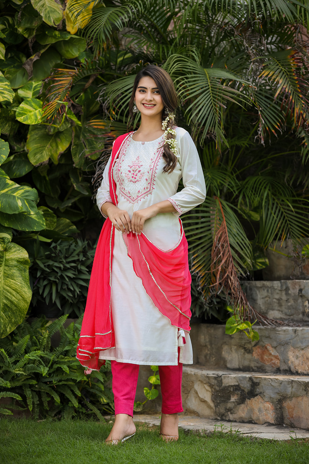 Kaajh Women's White-Pink Modal Silk Suit Set | Grocsy
