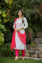 Kaajh Women's White-Pink Modal Silk Suit Set | Grocsy