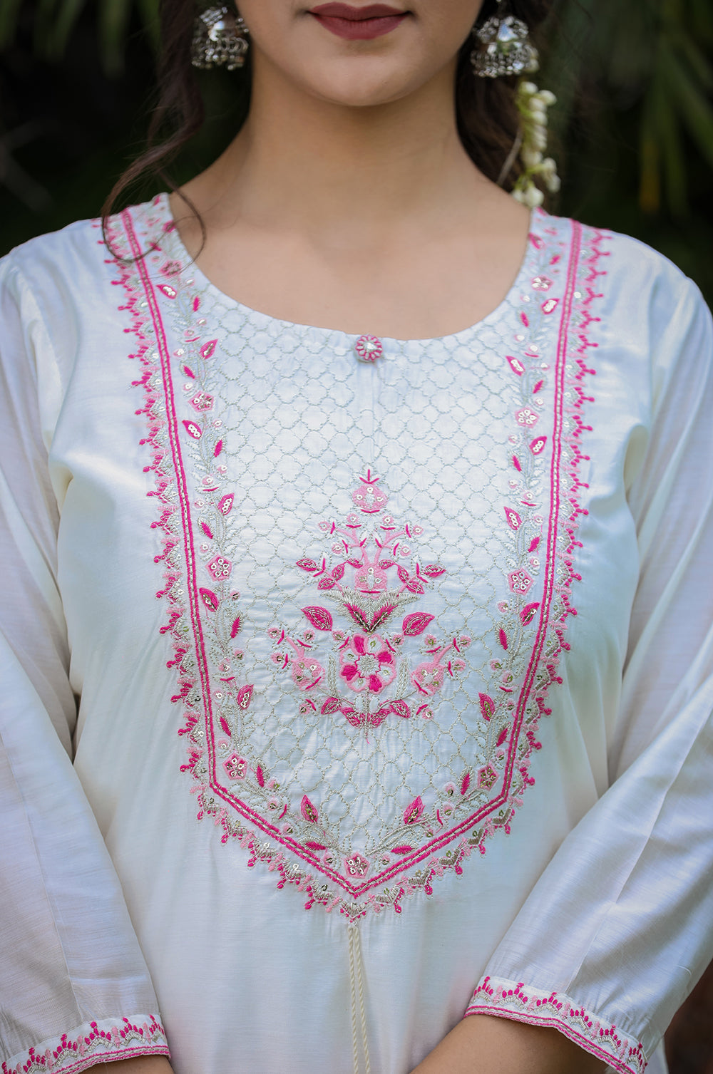 Kaajh Women's White-Pink Modal Silk Suit Set | Grocsy
