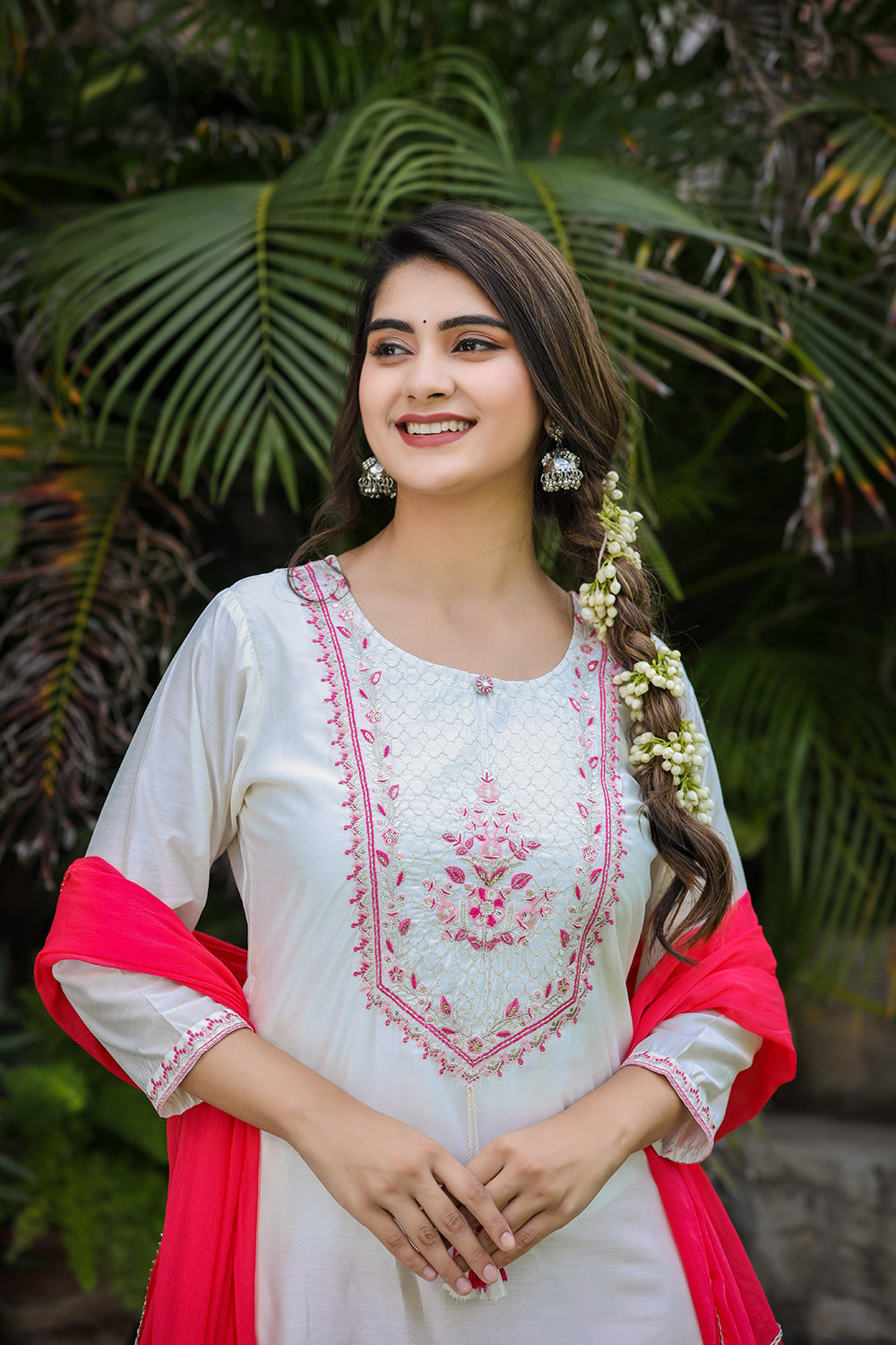 Kaajh Women's White-Pink Modal Silk Suit Set | Grocsy