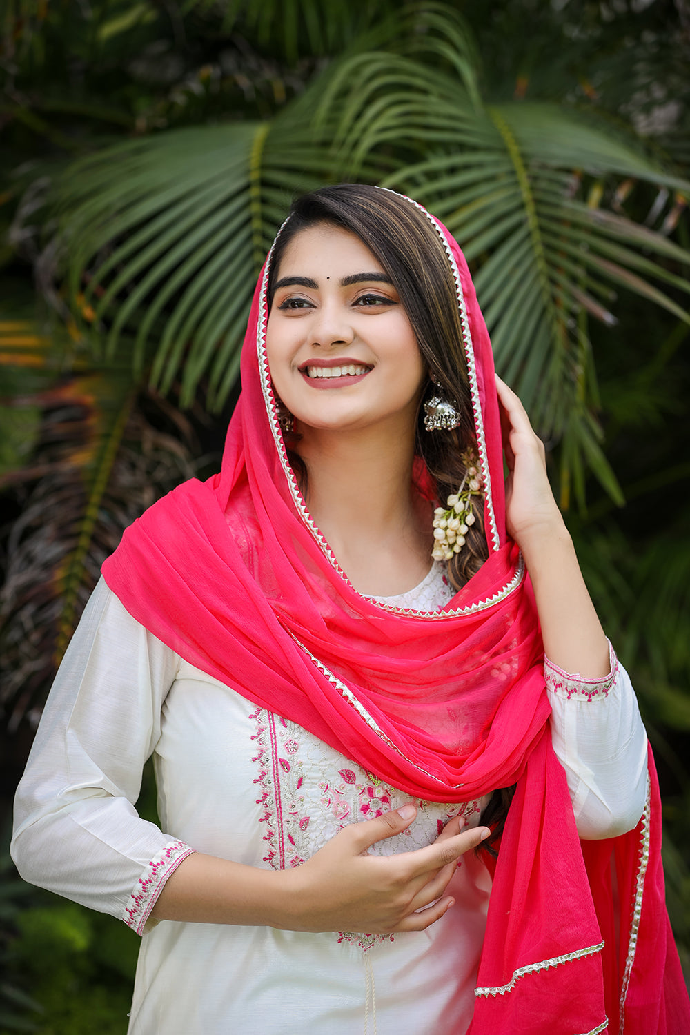 Kaajh Women's White-Pink Modal Silk Suit Set | Grocsy