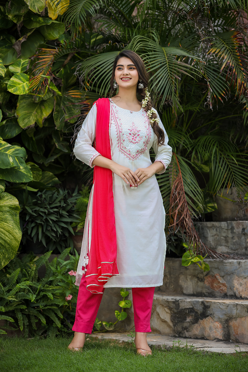 Kaajh Women's White-Pink Modal Silk Suit Set | Grocsy