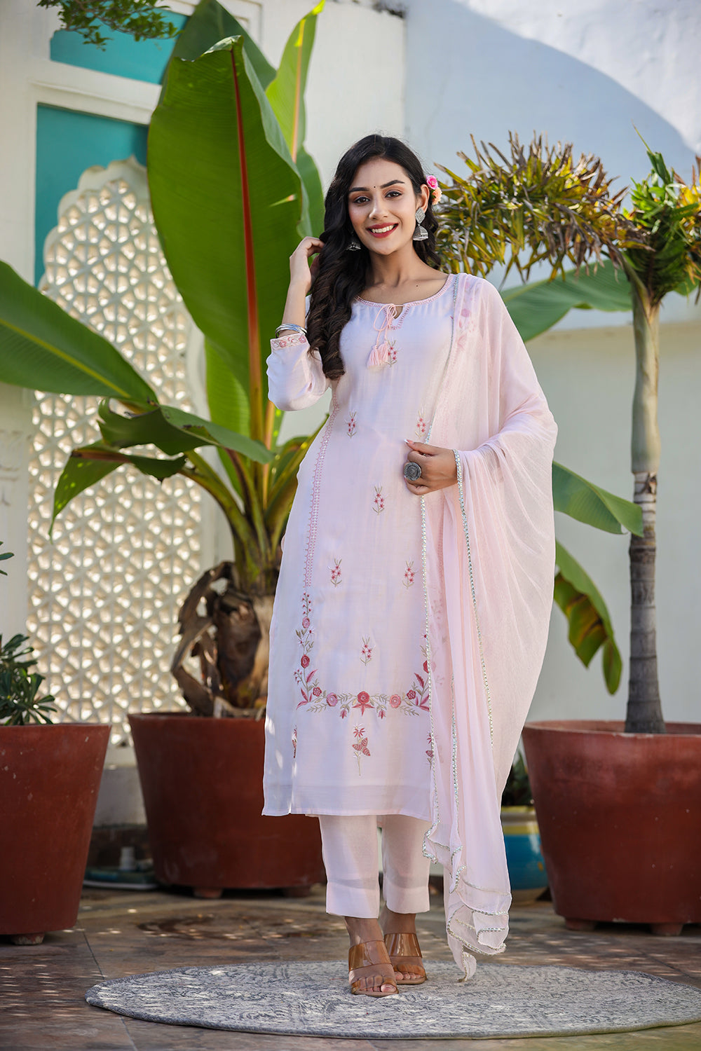 Kaajh Women's Peach Floral Modal Silk Suit Set | Grocsy