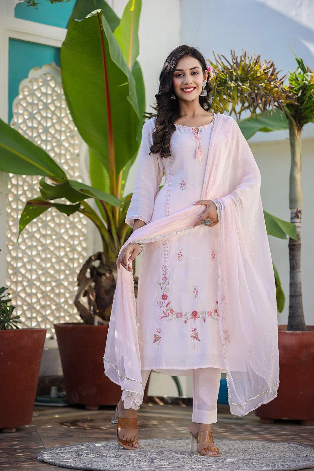 Kaajh Women's Peach Floral Modal Silk Suit Set | Grocsy
