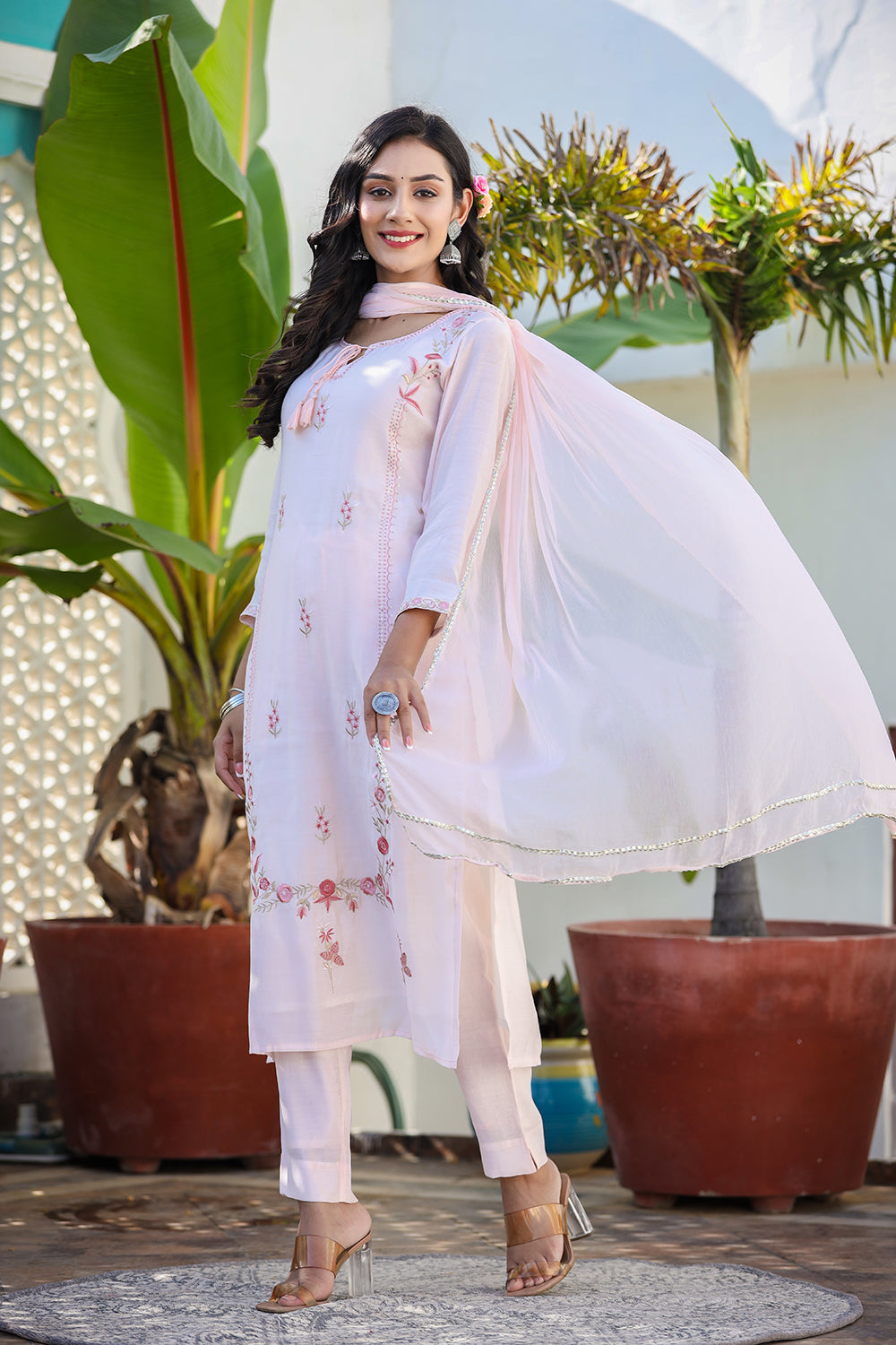 Kaajh Women's Peach Floral Modal Silk Suit Set | Grocsy