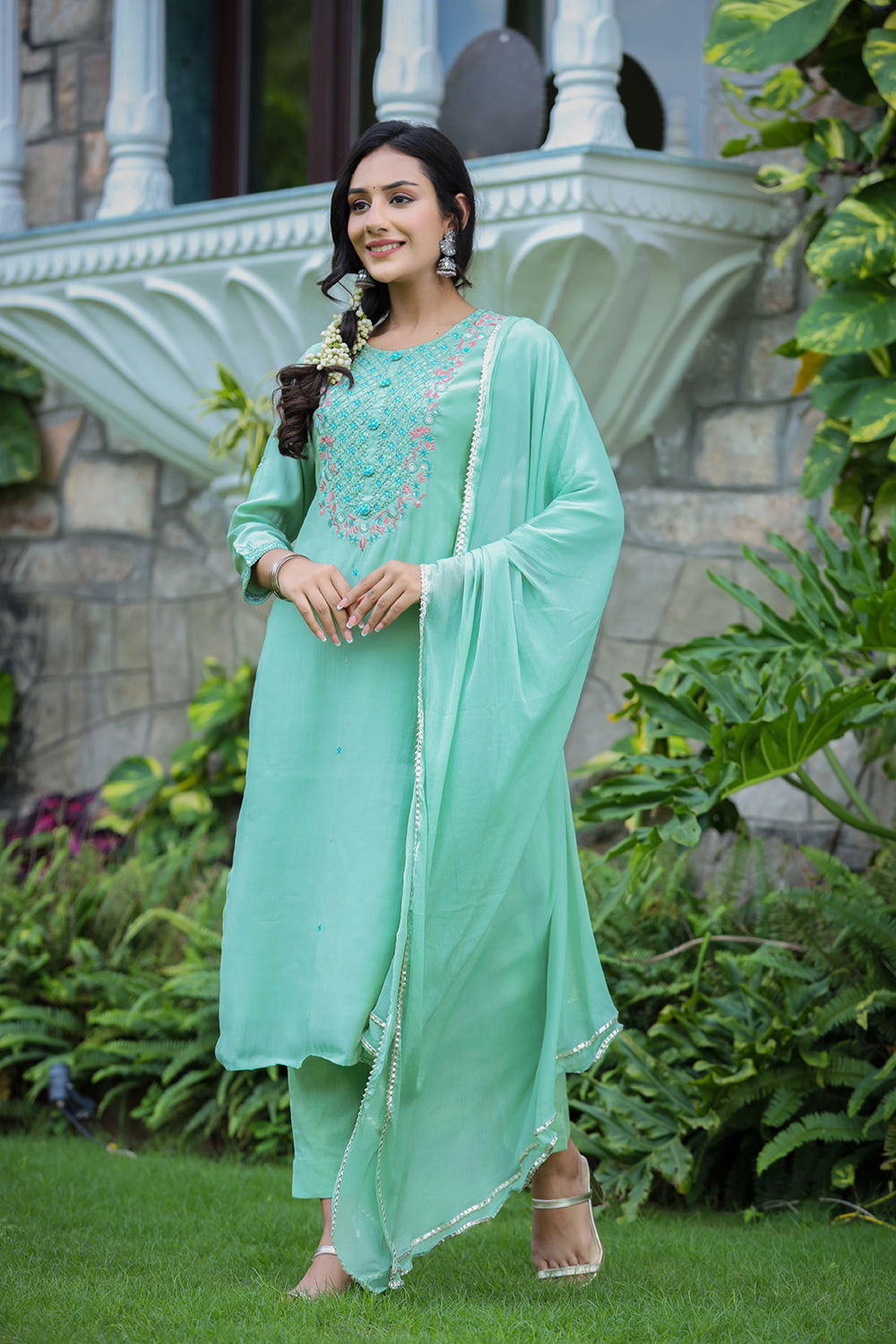 Kaajh Women's Green Modal Silk Suit Set | Grocsy