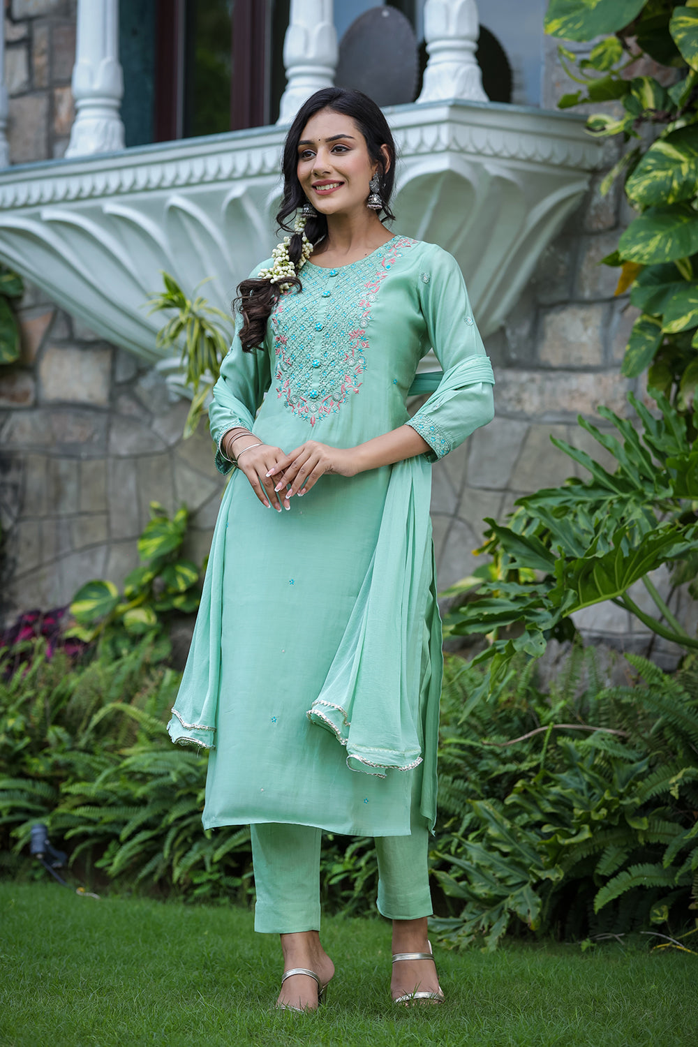 Kaajh Women's Green Modal Silk Suit Set | Grocsy
