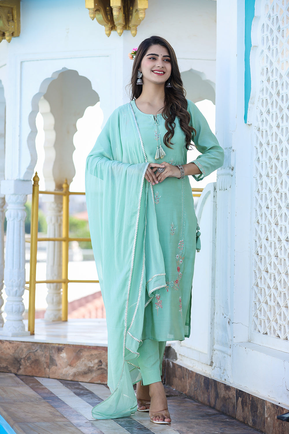 Kaajh Women's Green Floral Modal Silk Suit Set | Grocsy