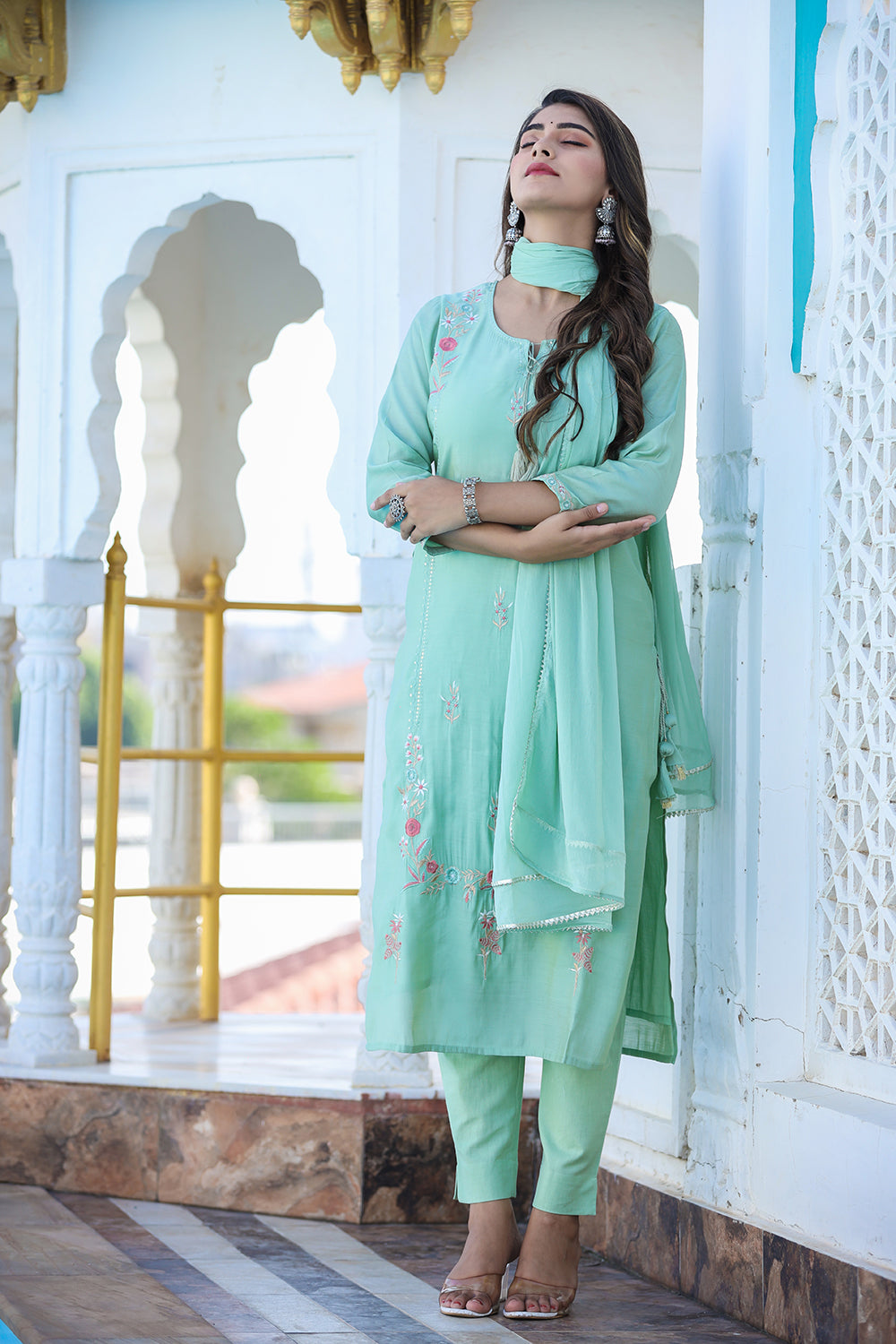 Kaajh Women's Green Floral Modal Silk Suit Set | Grocsy