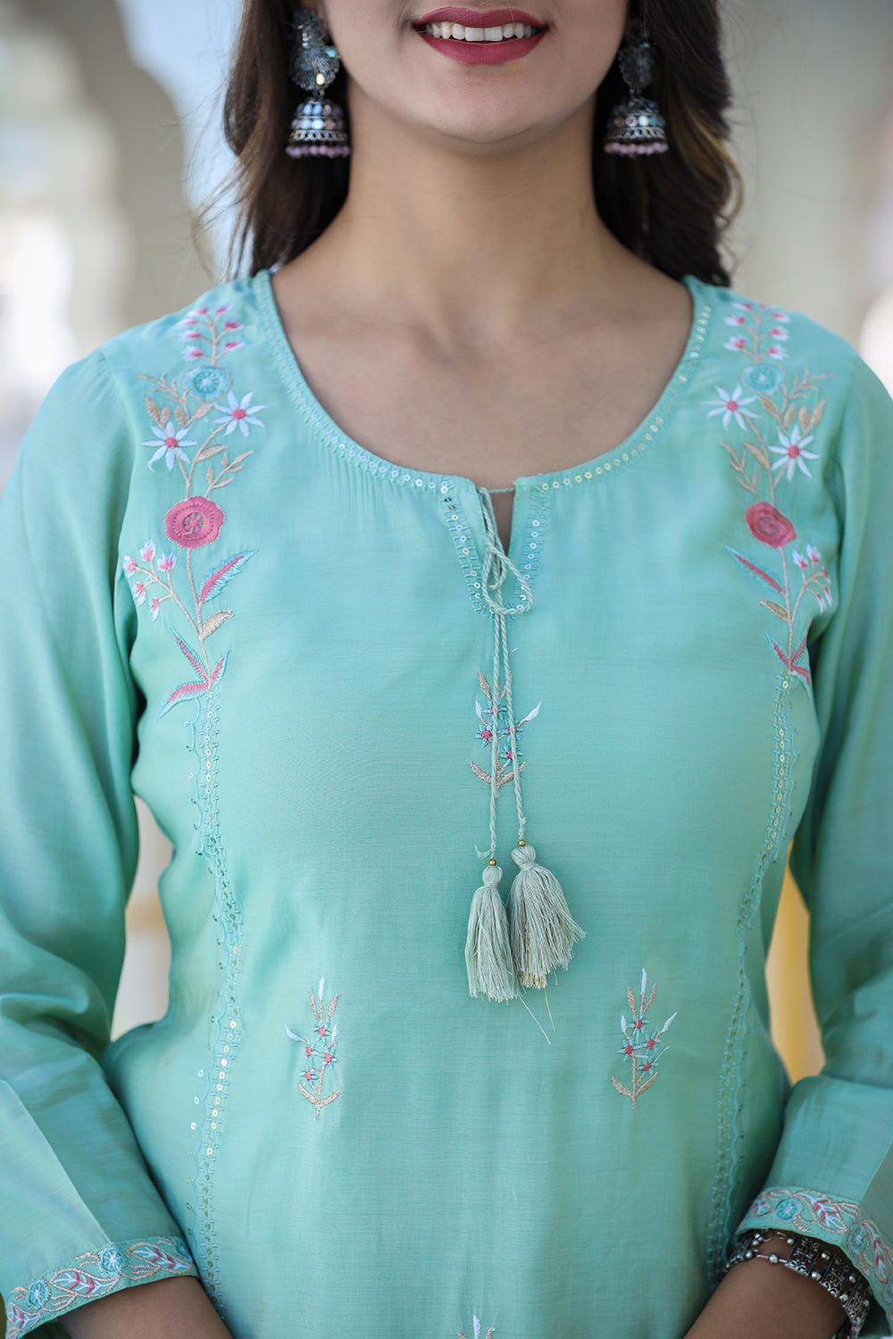 Kaajh Women's Green Floral Modal Silk Suit Set | Grocsy