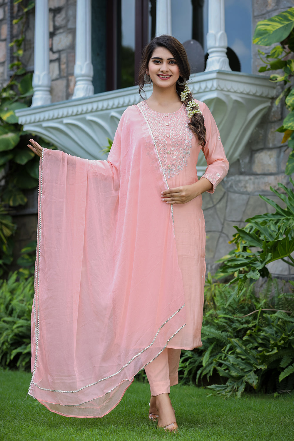 Kaajh Women's Pink Modal Silk Suit Set | Grocsy