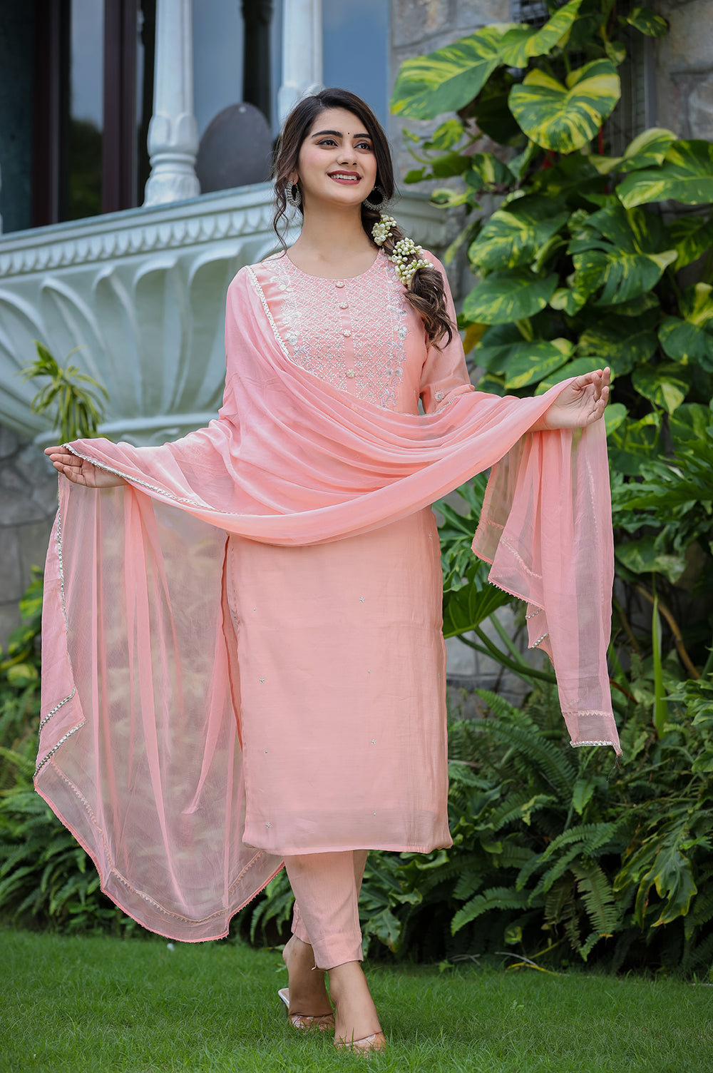 Kaajh Women's Pink Modal Silk Suit Set | Grocsy