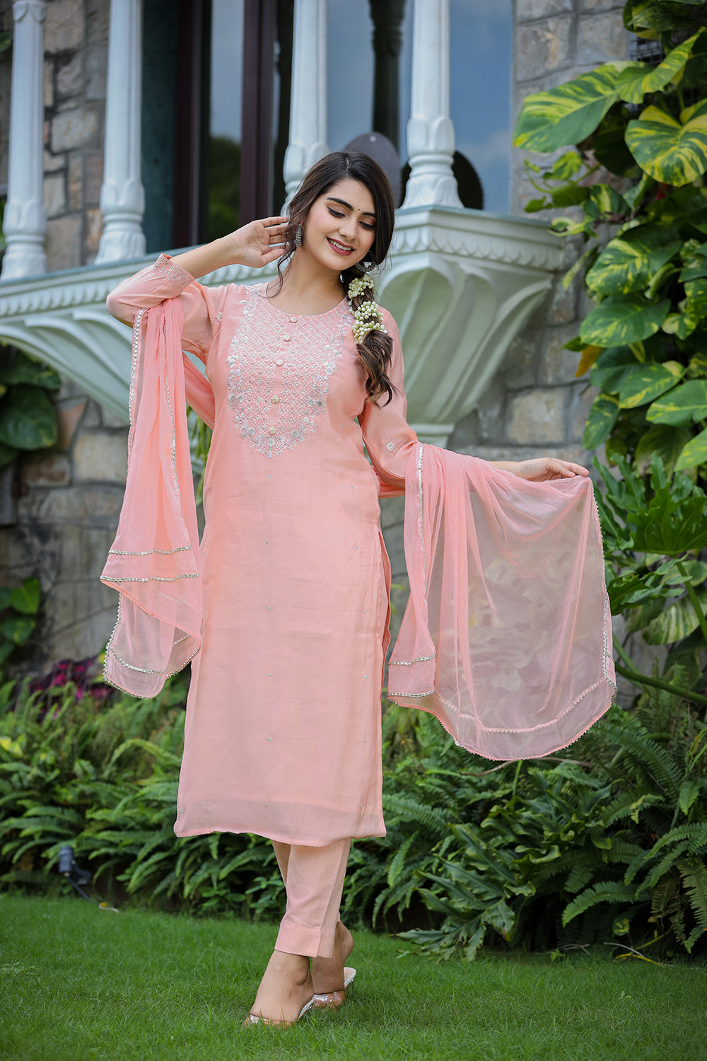 Kaajh Women's Pink Modal Silk Suit Set | Grocsy