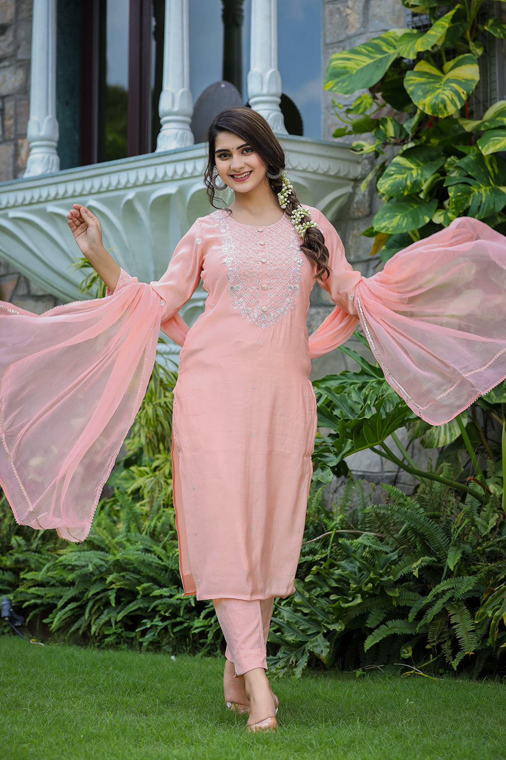 Kaajh Women's Pink Modal Silk Suit Set | Grocsy