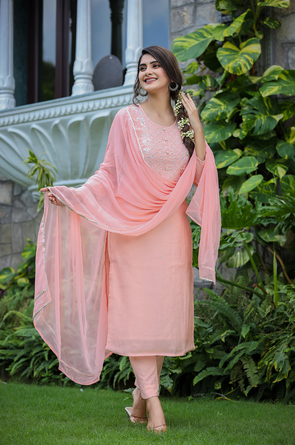 Kaajh Women's Pink Modal Silk Suit Set | Grocsy