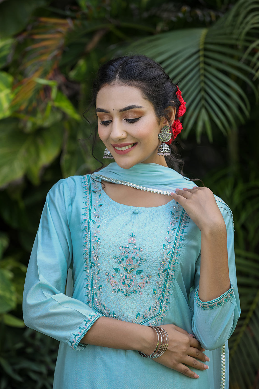 Kaajh Women's Sea Green Modal Silk Suit Set | Grocsy