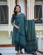 Kaajh Women's Green Ethnic Print Cotton Kurta Set With Pant And Dupatta | Grocsy