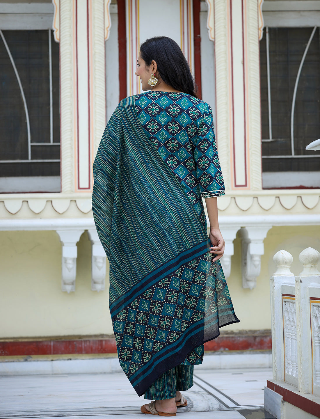 Kaajh Women's Green Ethnic Print Cotton Kurta Set With Pant And Dupatta | Grocsy