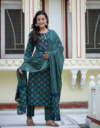 Kaajh Women's Green Ethnic Print Cotton Kurta Set With Pant And Dupatta | Grocsy