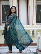 Kaajh Women's Green Ethnic Print Cotton Kurta Set With Pant And Dupatta | Grocsy