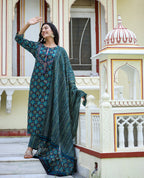 Kaajh Women's Green Ethnic Print Cotton Kurta Set With Pant And Dupatta | Grocsy