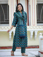 Kaajh Women's Green Ethnic Print Cotton Kurta Set With Pant And Dupatta | Grocsy