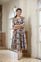 Kaajh Women's Navy Blue Floral Printed Cotton Ethnic Dress | Grocsy