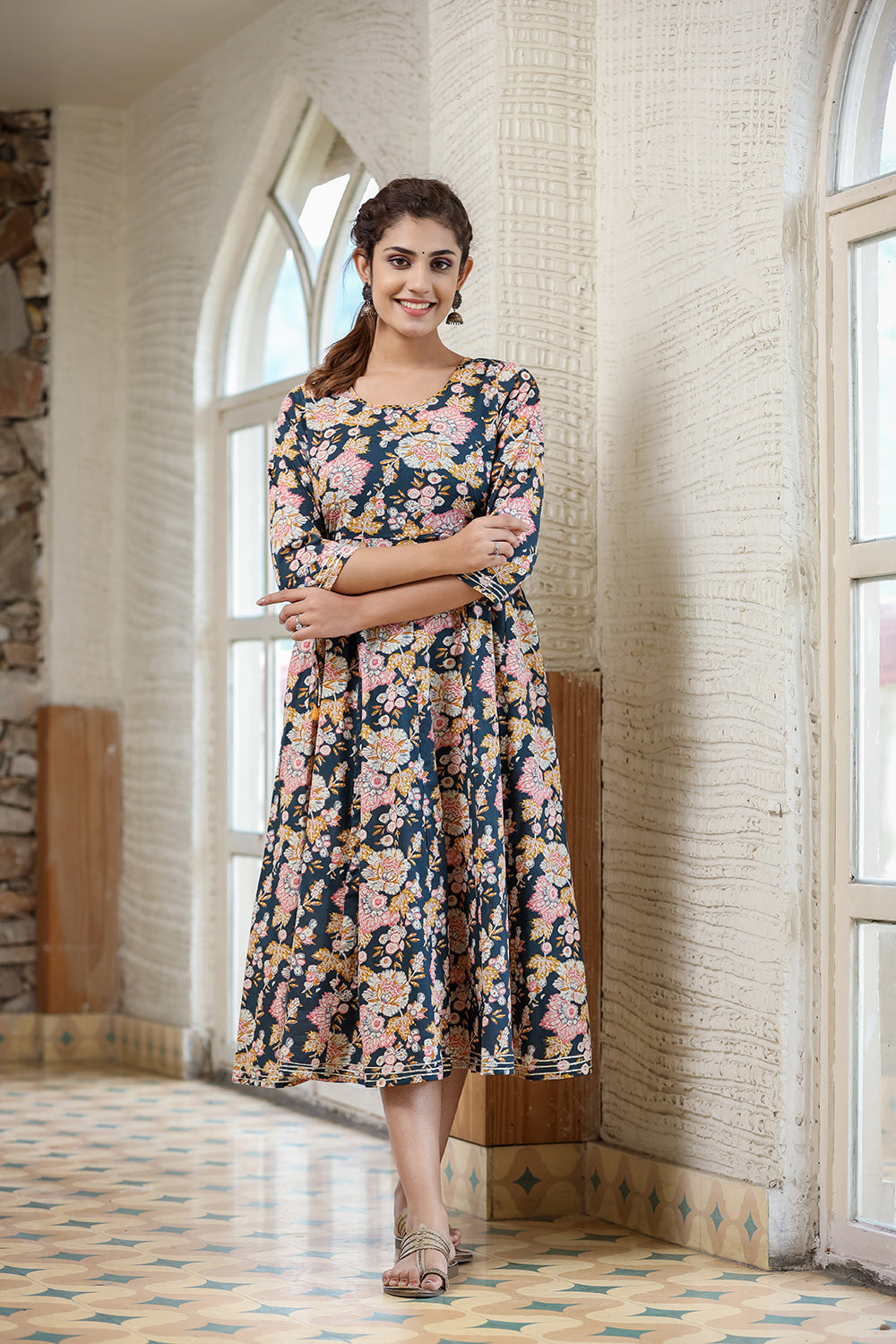 Kaajh Women's Navy Blue Floral Printed Cotton Ethnic Dress | Grocsy