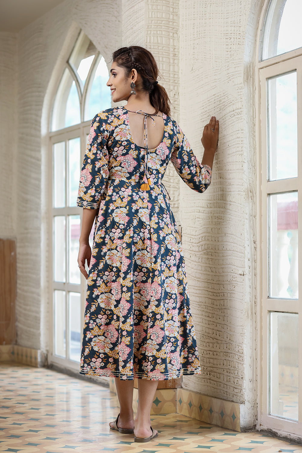 Kaajh Women's Navy Blue Floral Printed Cotton Ethnic Dress | Grocsy
