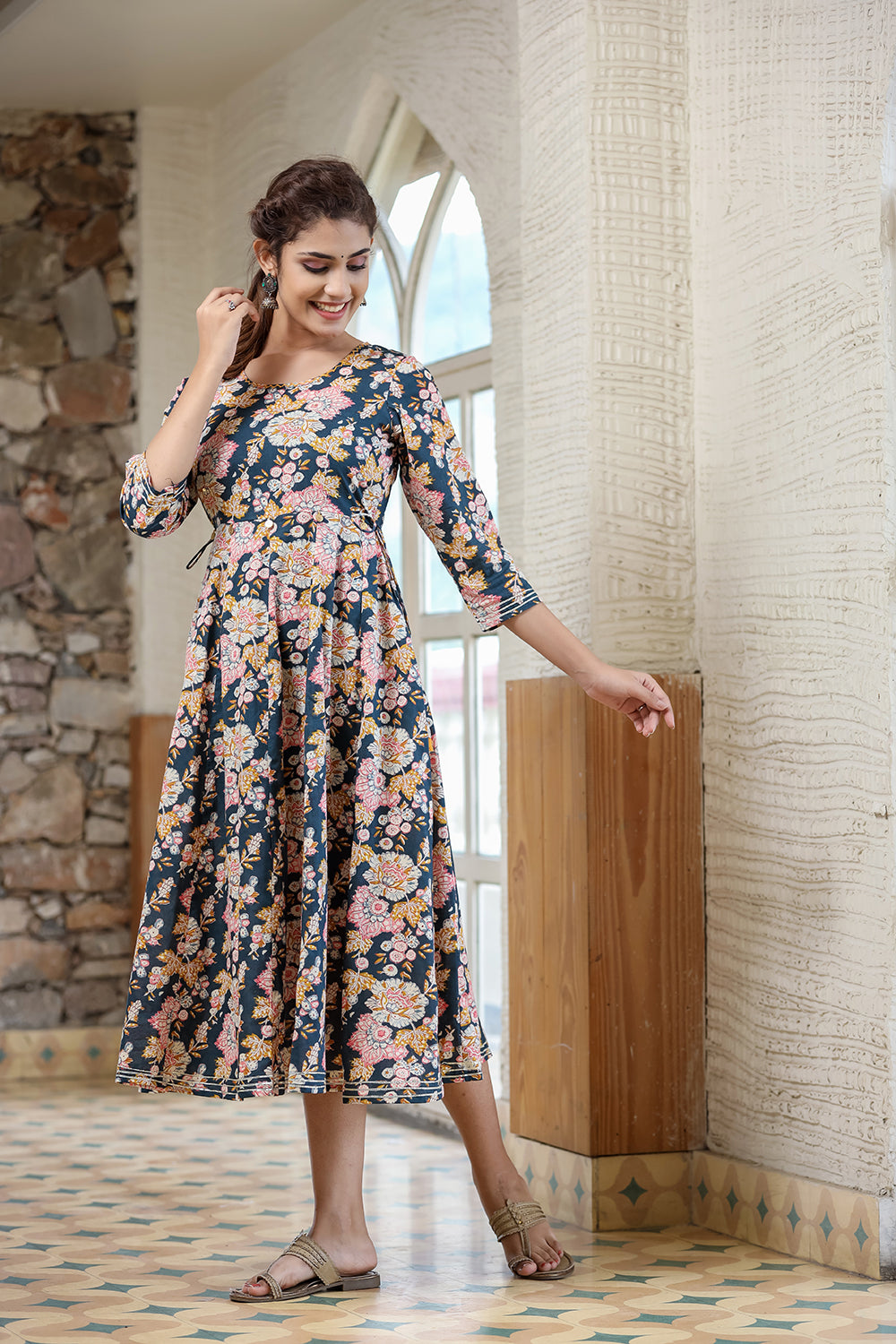 Kaajh Women's Navy Blue Floral Printed Cotton Ethnic Dress | Grocsy