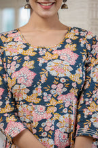 Kaajh Women's Navy Blue Floral Printed Cotton Ethnic Dress | Grocsy