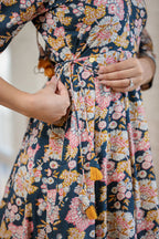 Kaajh Women's Navy Blue Floral Printed Cotton Ethnic Dress | Grocsy