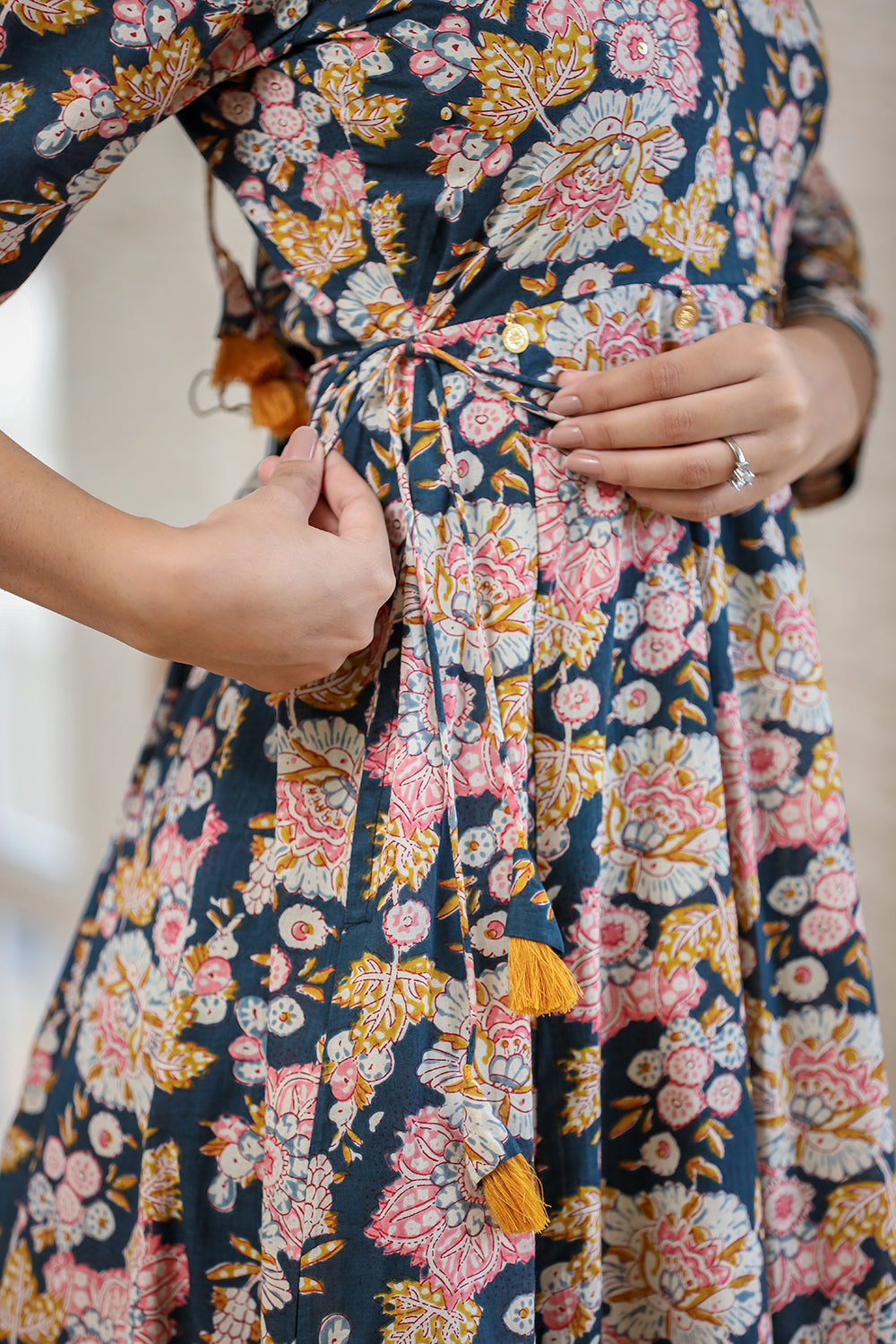 Kaajh Women's Navy Blue Floral Printed Cotton Ethnic Dress | Grocsy