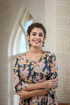 Kaajh Women's Navy Blue Floral Printed Cotton Ethnic Dress | Grocsy