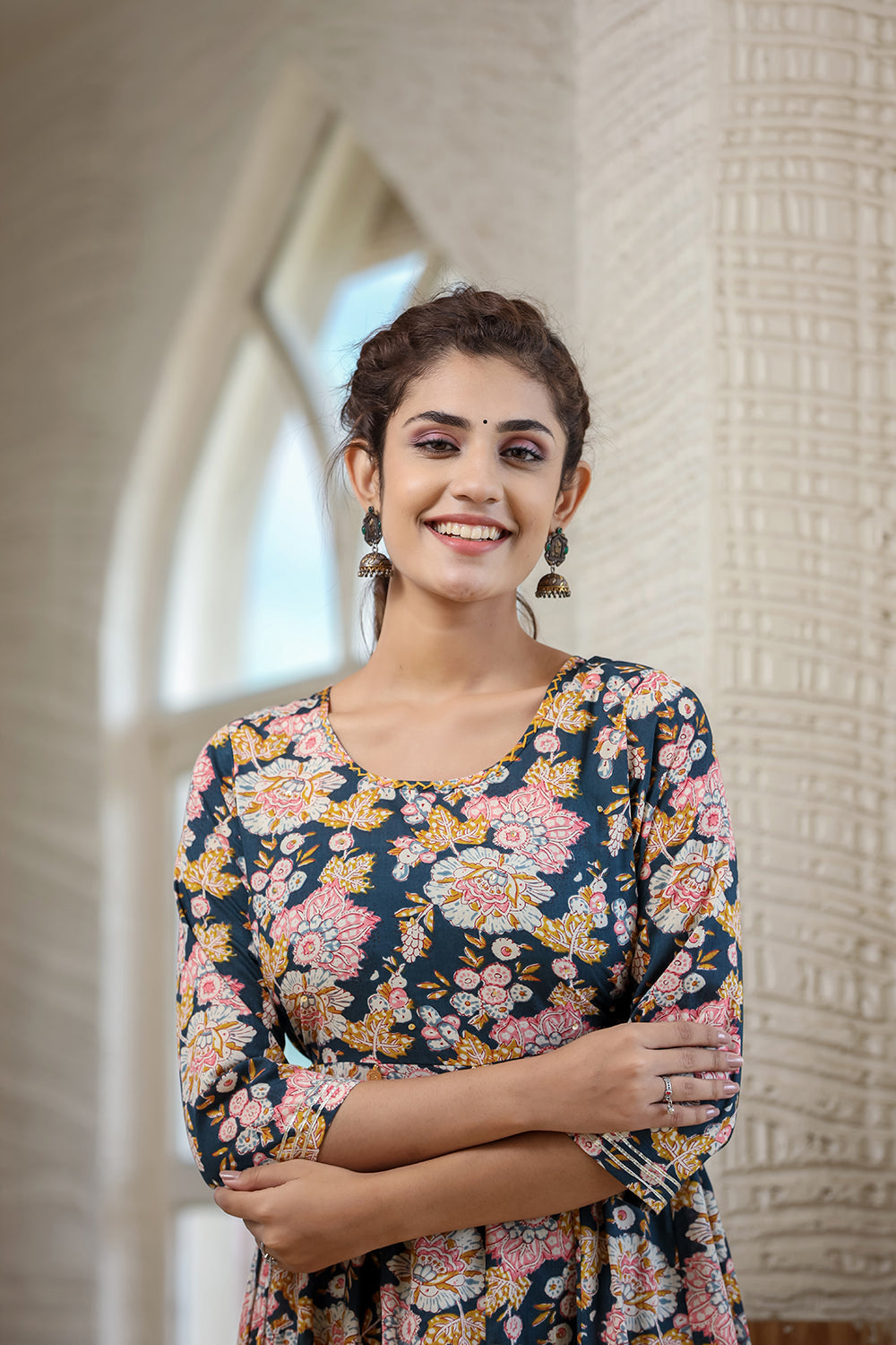 Kaajh Women's Navy Blue Floral Printed Cotton Ethnic Dress | Grocsy