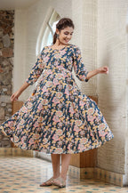 Kaajh Women's Navy Blue Floral Printed Cotton Ethnic Dress | Grocsy