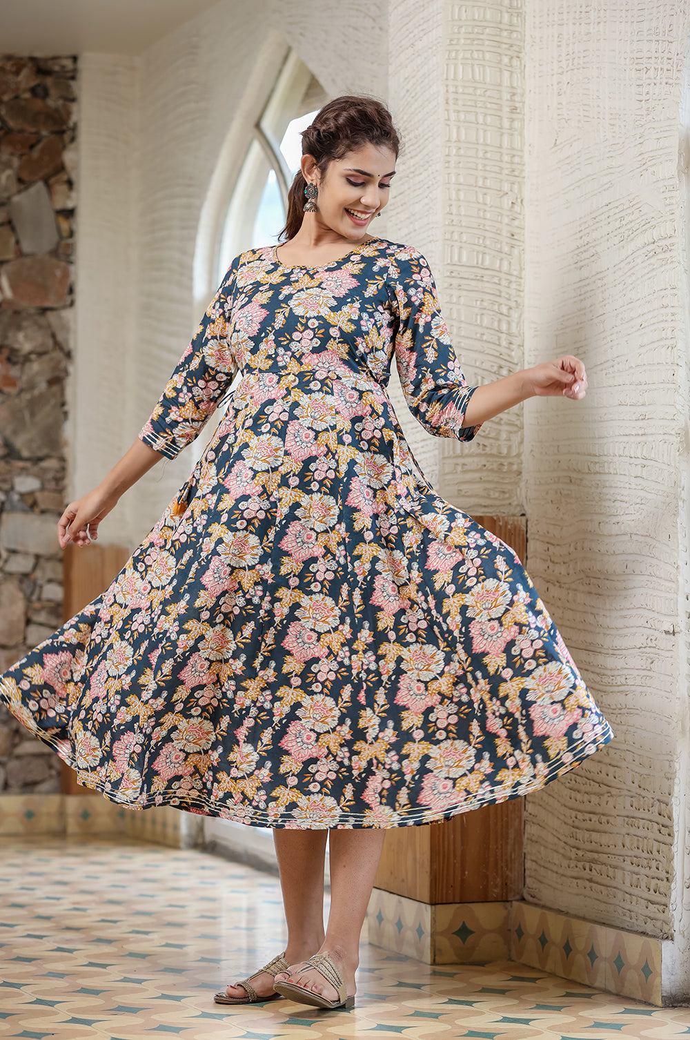 Kaajh Women's Navy Blue Floral Printed Cotton Ethnic Dress | Grocsy