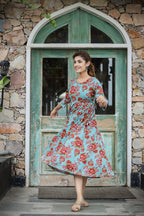 Kaajh Women's Turquoise Floral Printed Cotton Ethnic Dress | Grocsy