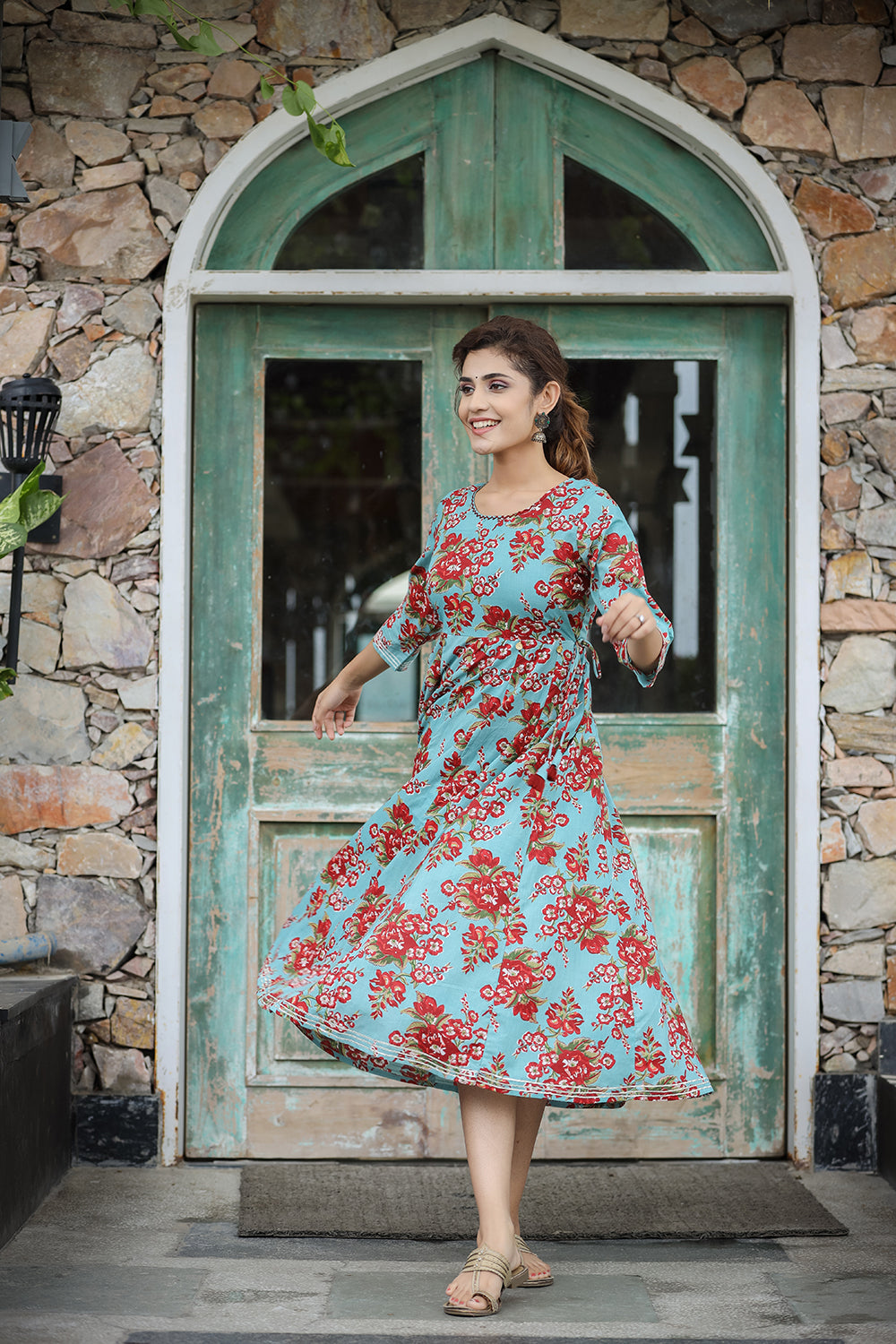 Kaajh Women's Turquoise Floral Printed Cotton Ethnic Dress | Grocsy
