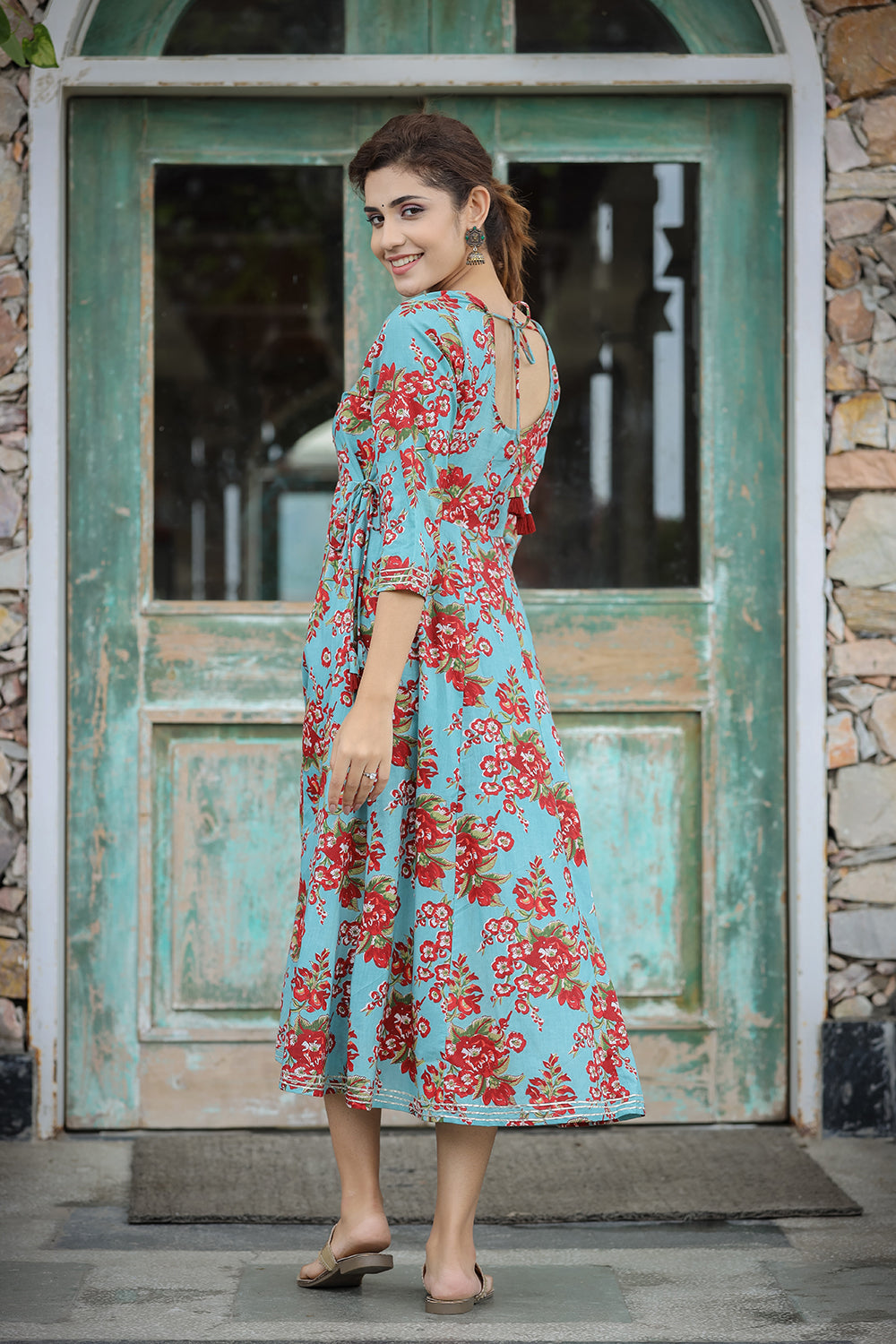 Kaajh Women's Turquoise Floral Printed Cotton Ethnic Dress | Grocsy