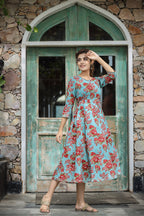 Kaajh Women's Turquoise Floral Printed Cotton Ethnic Dress | Grocsy