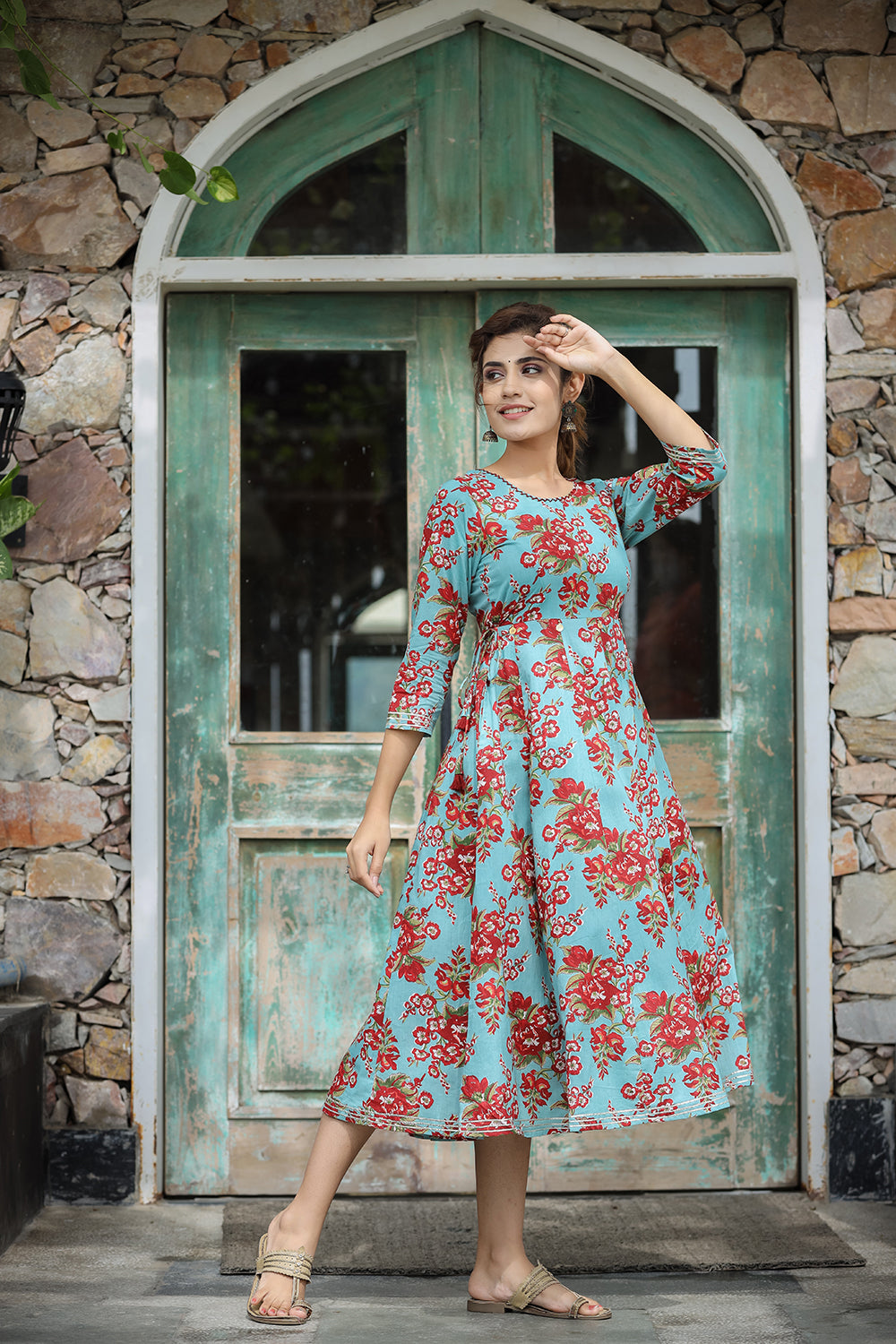 Kaajh Women's Turquoise Floral Printed Cotton Ethnic Dress | Grocsy