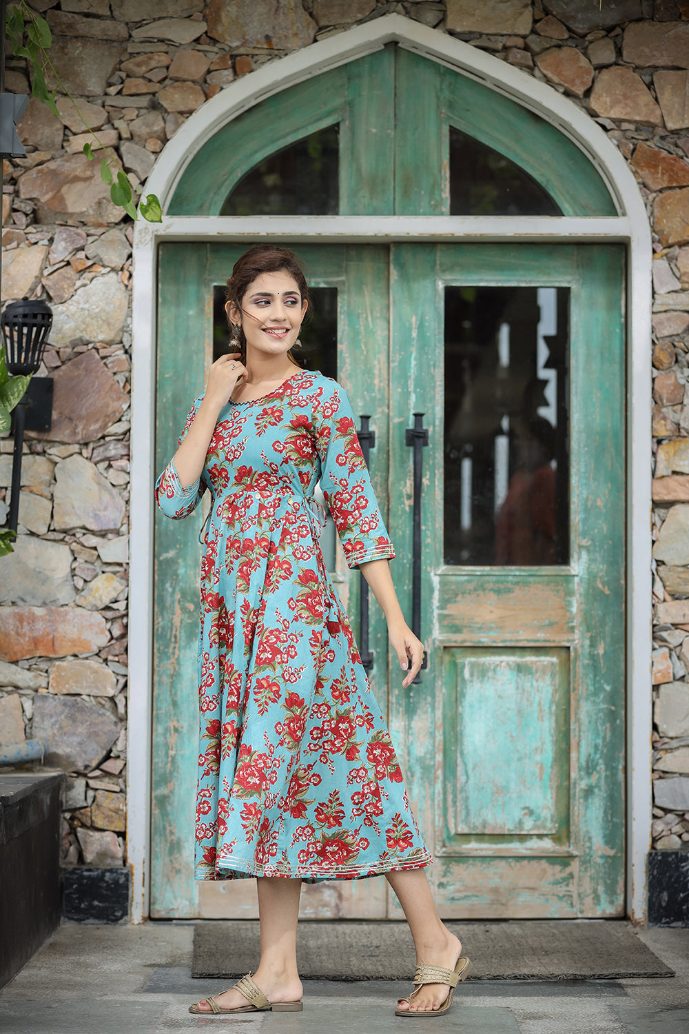 Kaajh Women's Turquoise Floral Printed Cotton Ethnic Dress | Grocsy