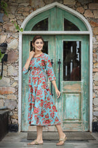 Kaajh Women's Turquoise Floral Printed Cotton Ethnic Dress | Grocsy