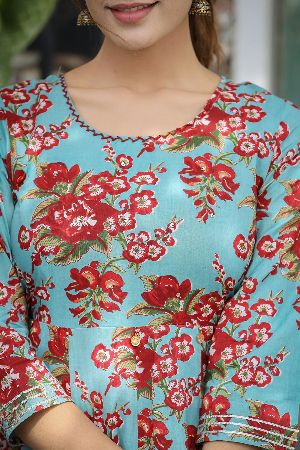 Kaajh Women's Turquoise Floral Printed Cotton Ethnic Dress | Grocsy